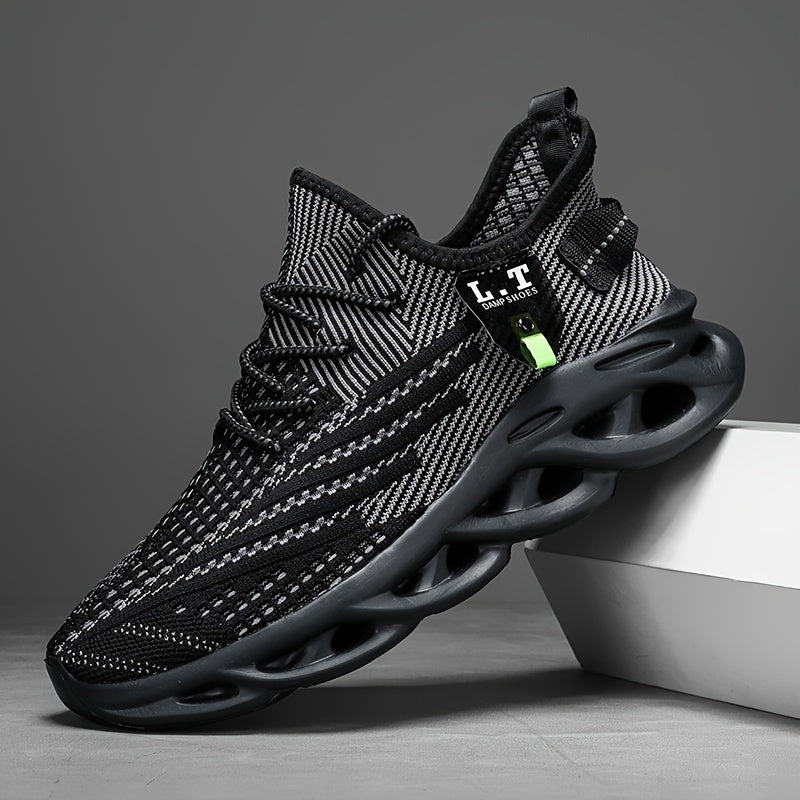 PLUS SIZE Men's Shock Absorption Blade Type Shoes, Breathable Lace Up Non-Slip Shoes For Jogging Walking