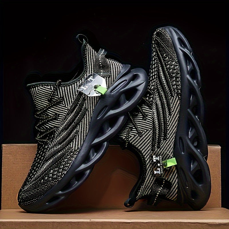 PLUS SIZE Men's Shock Absorption Blade Type Shoes, Breathable Lace Up Non-Slip Shoes For Jogging Walking