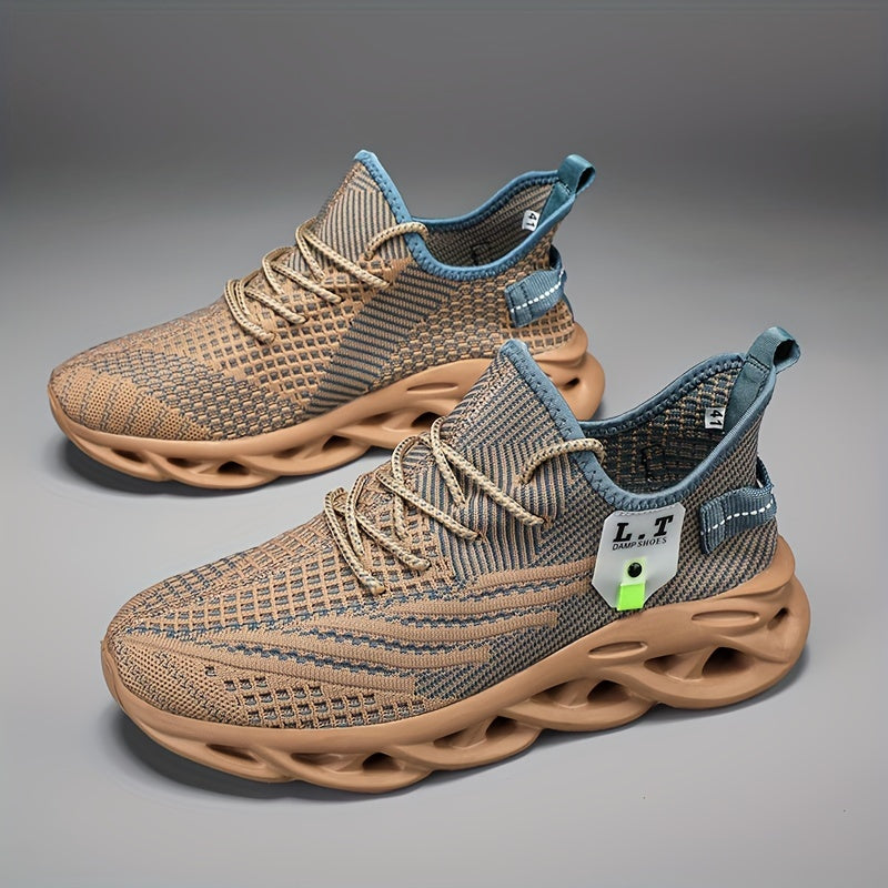PLUS SIZE Men's Shock Absorption Blade Type Shoes, Breathable Lace Up Non-Slip Shoes For Jogging Walking