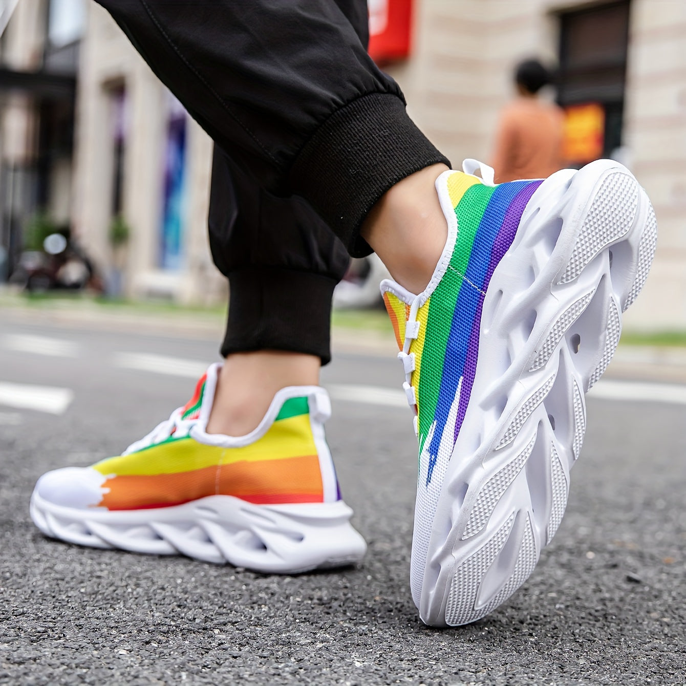Men's Slip-on Blade Sneakers With Shoelaces - Rainbow Color Odor-resistant Athletic Shoes - Lightweight And Breathable