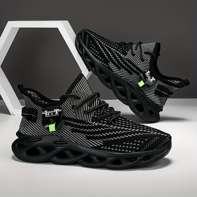 PLUS SIZE Men's Shock Absorption Blade Type Shoes, Breathable Lace Up Non-Slip Shoes For Jogging Walking