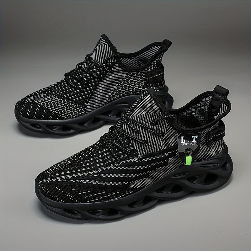 PLUS SIZE Men's Shock Absorption Blade Type Shoes, Breathable Lace Up Non-Slip Shoes For Jogging Walking
