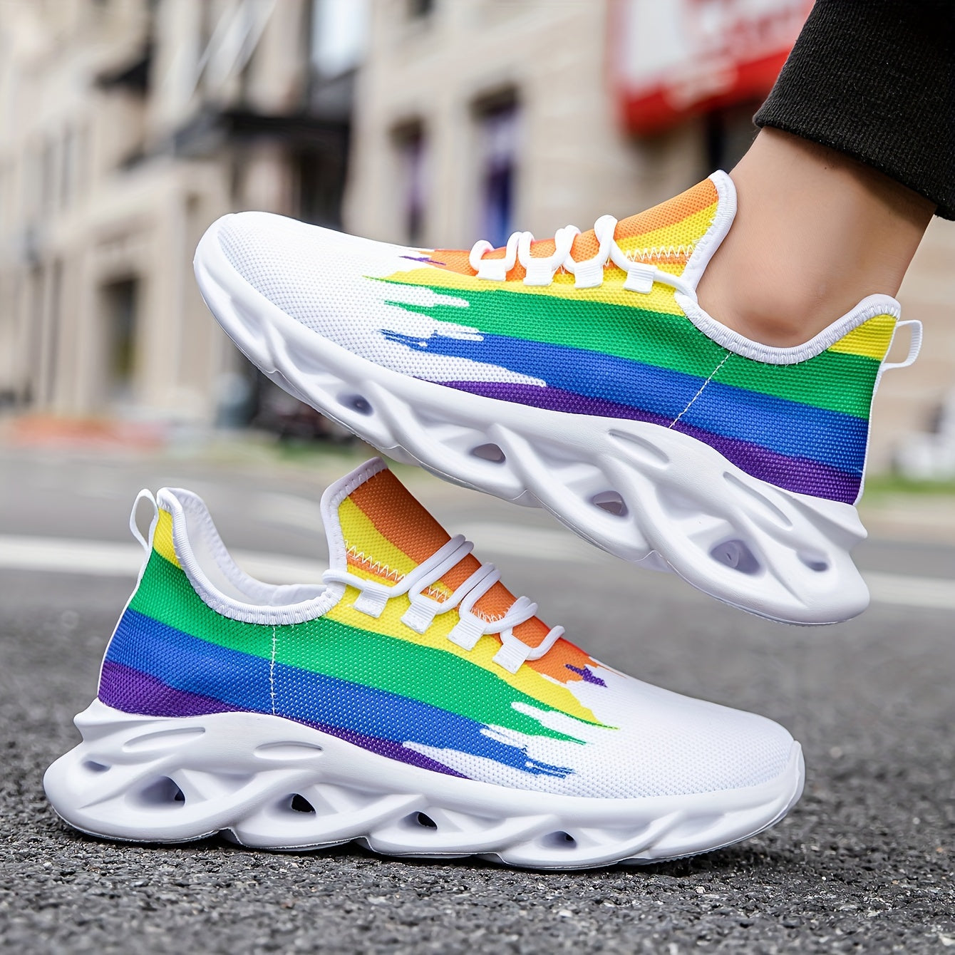 Men's Slip-on Blade Sneakers With Shoelaces - Rainbow Color Odor-resistant Athletic Shoes - Lightweight And Breathable