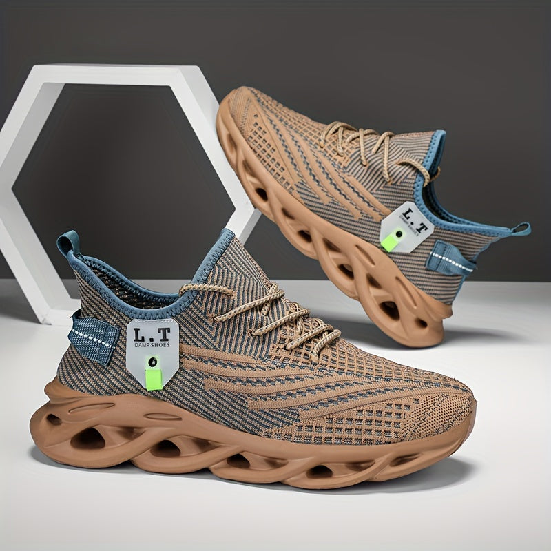 PLUS SIZE Men's Shock Absorption Blade Type Shoes, Breathable Lace Up Non-Slip Shoes For Jogging Walking