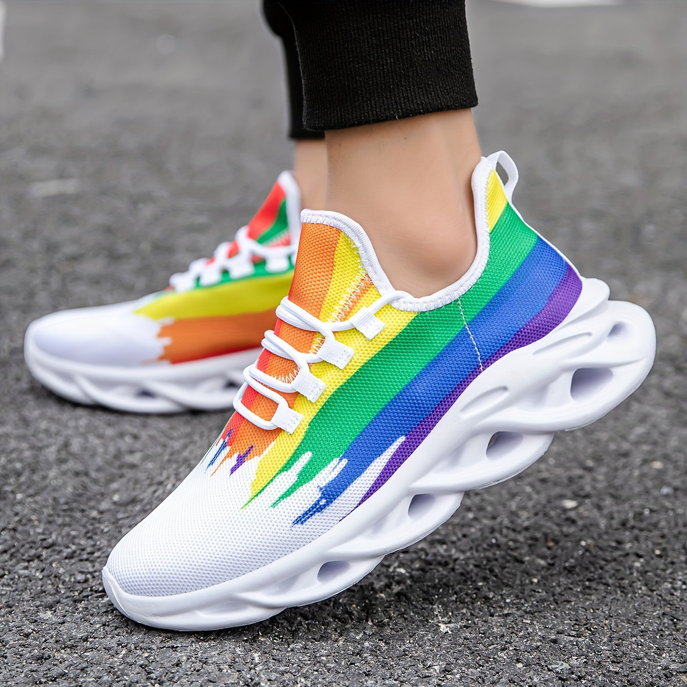 Men's Slip-on Blade Sneakers With Shoelaces - Rainbow Color Odor-resistant Athletic Shoes - Lightweight And Breathable