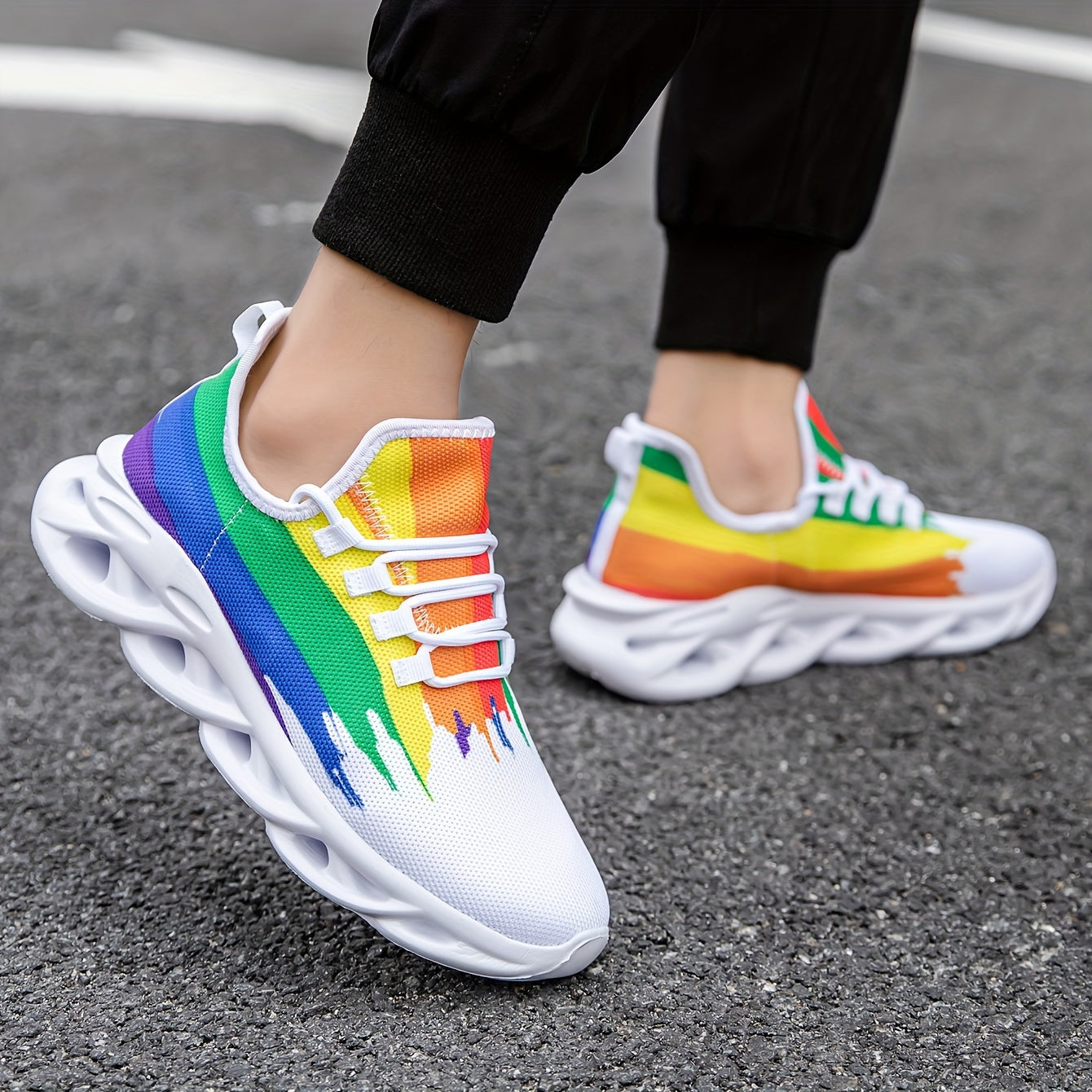 Men's Slip-on Blade Sneakers With Shoelaces - Rainbow Color Odor-resistant Athletic Shoes - Lightweight And Breathable