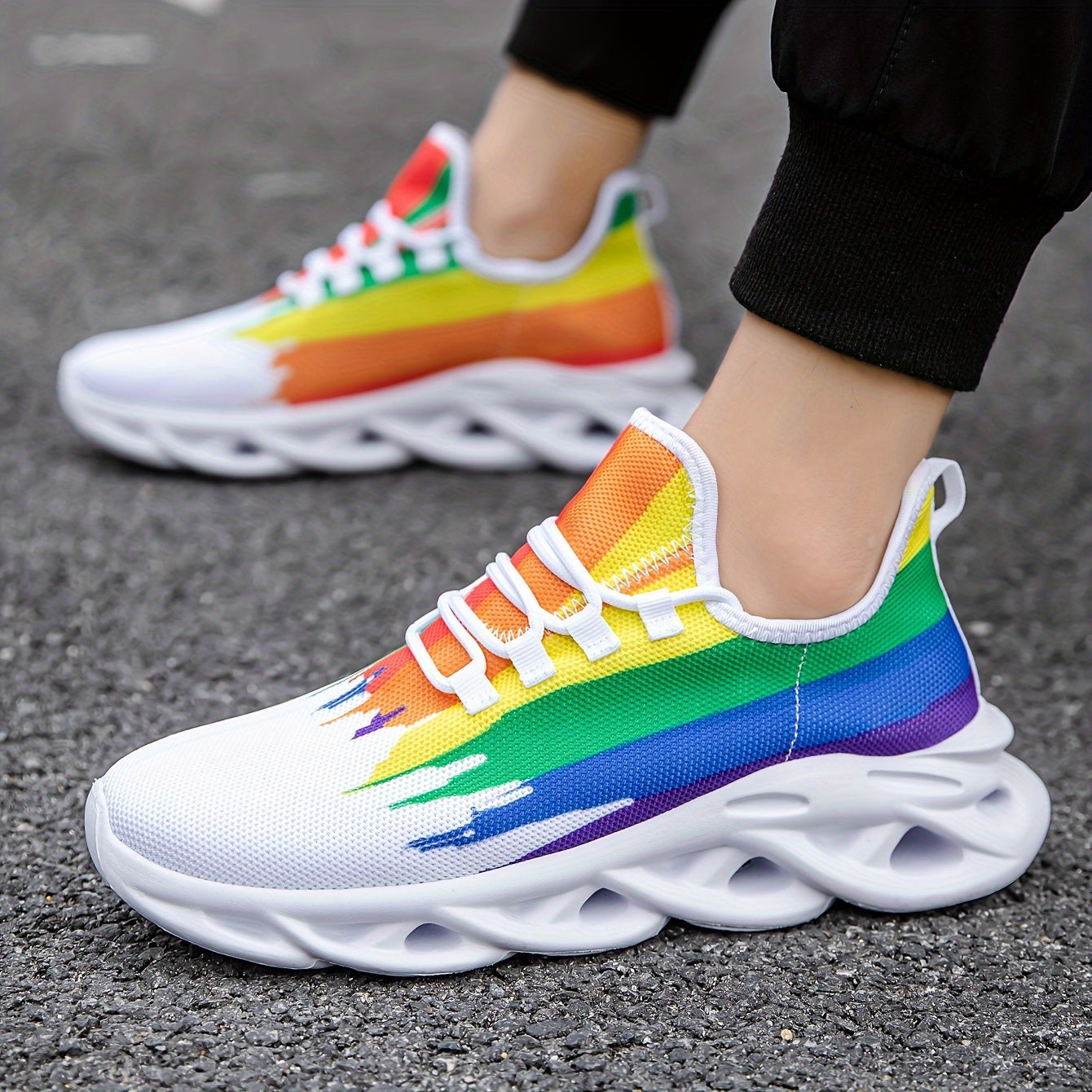Men's Slip-on Blade Sneakers With Shoelaces - Rainbow Color Odor-resistant Athletic Shoes - Lightweight And Breathable