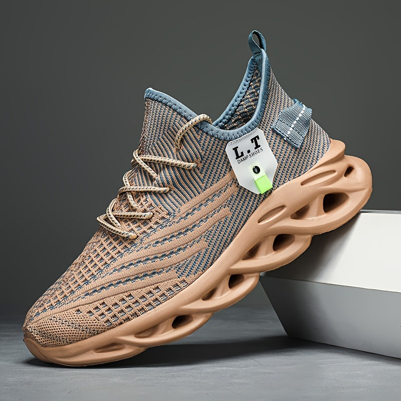 PLUS SIZE Men's Shock Absorption Blade Type Shoes, Breathable Lace Up Non-Slip Shoes For Jogging Walking