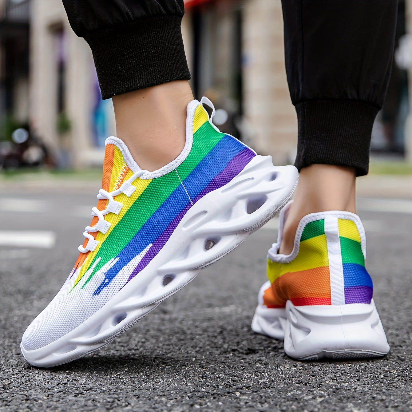 Men's Slip-on Blade Sneakers With Shoelaces - Rainbow Color Odor-resistant Athletic Shoes - Lightweight And Breathable